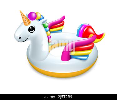 Rubber ring for swimming in the pool. Cute white unicorn. Lifebuoy. Isolated on white background Realistic vector illustration. Stock Vector