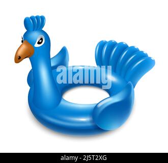 Rubber ring for swimming in the pool. Blue peacock bird. Lifebuoy. Isolated on white background Realistic vector illustration. Stock Vector