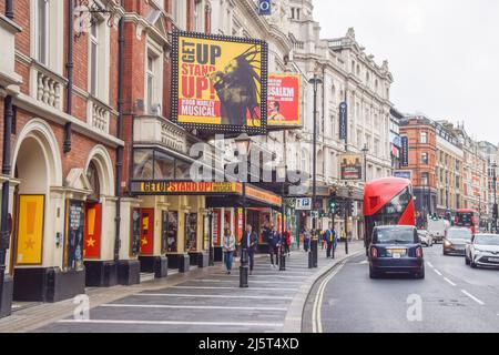 Theatres on Shaftesbury Avenue in West End, daytime view. London, United Kingdom 23 April 2022. Stock Photo