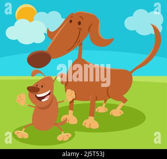 Cartoon illustration of dog mom animal character with playful little puppy Stock Vector