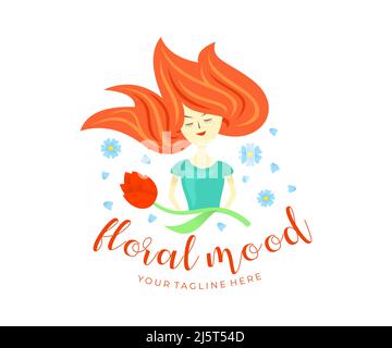 Girl holds a flower with her hair loose, petals fly from the wind, logo design. Spring, floral, fashion and cartoon character, vector design Stock Vector