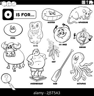 Black and white educational cartoon illustration for children with comic characters and objects set for letter O coloring book page Stock Vector