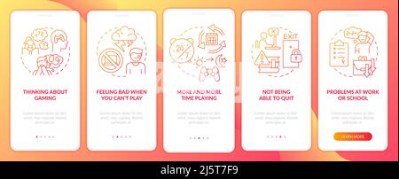 Signs of game addiction red gradient onboarding mobile app screen Stock Vector