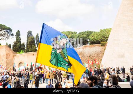 Rome, Italy - April 25, 2022: The image of a Ukrainian woman on the flag of Ukraine. Liberation day demonstration. Stop war concept Stock Photo