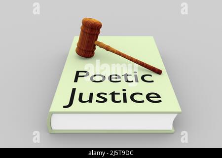 3D illustration of a judge gavel on a book with Poetic Justice title, isolated over pale gray backgrond. Stock Photo