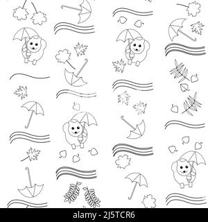 pattern flying dogs on umbrellas in birch and maple leaves Stock Vector