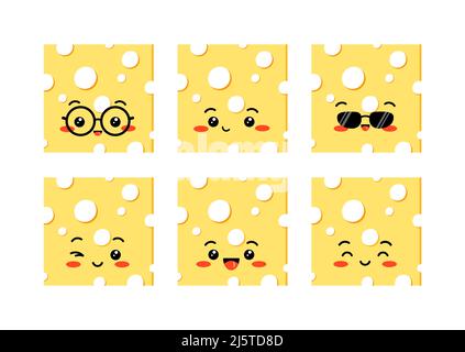 Cute cheese square shape slices with hole vector set isolated on white background. Stock Vector