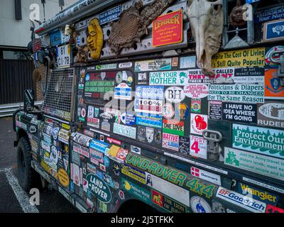 20 April 2020. London, UK. All terrain car covered in trophies and stickers from around the world. 4x4 globetrotter. The world is your oyster. Stock Photo