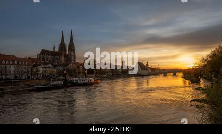 Cityscape image of Regensburg, Germany during spring sunset Stock Photo