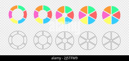 Set of donut charts segmented on 6 equal parts. Infographic wheels divided in six colored and graphic sections. Circle diagrams or loading bars. Vector flat and outline illustration. Stock Vector