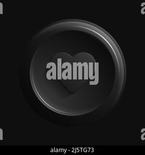 Isolated Like Icon. Black 3D Heart Button in Round Shape. Vector illustration Stock Vector