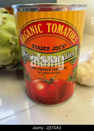 Can of Trader Joe's Diced Tomatoes on a Kitchen Counter, 2022, USA Stock Photo