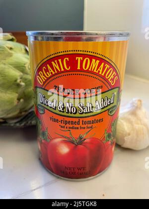 Can of Trader Joe's Diced Tomatoes on a Kitchen Counter, 2022, USA Stock Photo