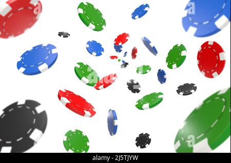 Collection of Red Black Blue and Green Poker Chips falling isolated on white background. Selective focus. Concept gambling, fortune, game and entertai Stock Photo