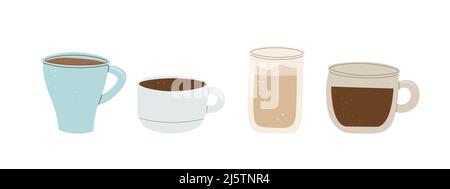 Set of cartoon flat mugs with coffee, tea, cocoa or chocolate. Vector isolated illustration. Stock Vector