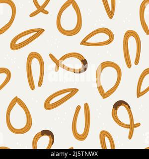 Seamless pattern with churros. Spanish traditional pastries. Endlessly repeating churros. Vector illustration for design. Stock Vector
