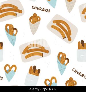 Seamless pattern with churros. Spanish traditional pastries. Endlessly repeating churros. Vector illustration for design. Stock Vector