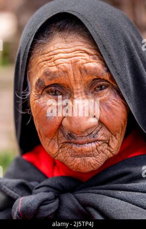 A Portrait Of An Elderly Taquileno Woman, Taquile Island, Lake Titicaca, Puno, Peru. Stock Photo