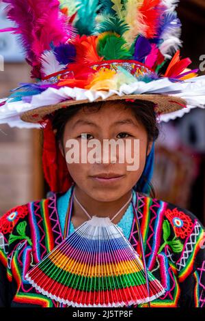 A Young Taquileno Woman In Traditional Costume, Taquile Island, Lake Titicaca, Puno, Peru. Stock Photo