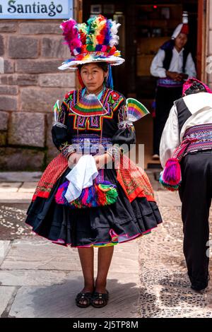 A Young Taquileno Woman In Traditional Costume, Taquile Island, Lake Titicaca, Puno, Peru. Stock Photo