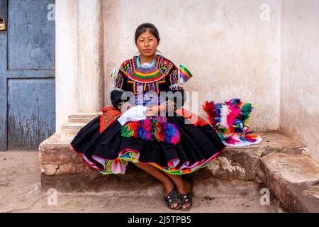 A Young Taquileno Woman In Traditional Costume, Taquile Island, Lake Titicaca, Puno, Peru. Stock Photo