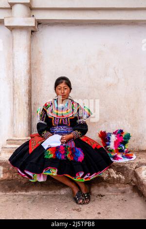 A Young Taquileno Woman In Traditional Costume, Taquile Island, Lake Titicaca, Puno, Peru. Stock Photo