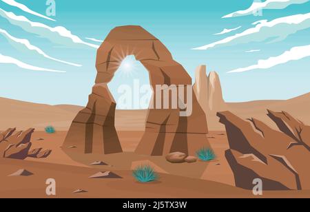 Beautiful Western American Rock Arch Vast Desert Landscape Illustration Stock Vector