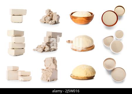Set of dry and compressed yeast on white background Stock Photo