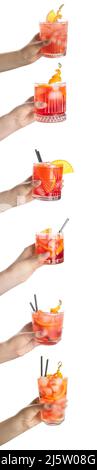 Set of hands holding glasses of Negroni cocktail isolated on white Stock Photo