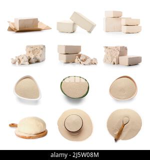 Set of dry and compressed yeast on white background Stock Photo