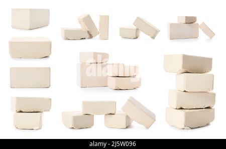 Set of compressed yeast isolated on white Stock Photo