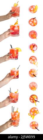 Set of tasty Negroni cocktail isolated on white Stock Photo