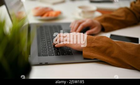 Close-up, rear view, Female business employee or college student working on laptop computer, searching on the internet, typing on keyboard. Stock Photo