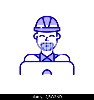 Smiling young professional working at laptop. Software engineer in hard hat. Pixel perfect, editable stroke color icon Stock Vector