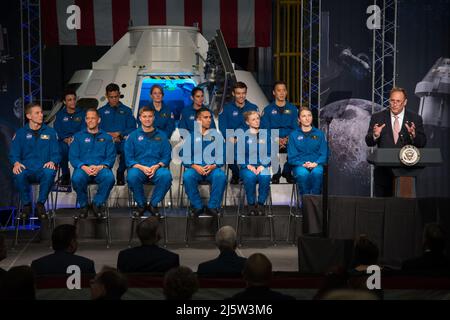 Acting NASA Administrator Robert Lightfoot speakes during an event in which NASA introduced 12 new astronaut candidates, Kayla Barron, Zena Cardman, Raja Chari, Matthew Dominick, Robert Hines, Warren Hoburg, Jonathan Kim, Robb Kulin, Jasmin Moghbeli, Loral O’Hara, Francisco Rubio and Jessica Watkins at NASA’s Johnson Space Center in Houston, Texas. After completing two years of training, the new astronaut candidates could be assigned to missions performing research on the International Space Station, launching from American soil on spacecraft built by commercial companies, and launching on dee Stock Photo