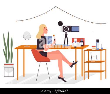 Makeup lady blogger making content. Daily tutorials posting, vlogging lifestyle isolated illustration Stock Vector