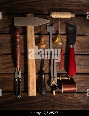 workplace for handmade leather goods.flat lay. Tools Stock Photo