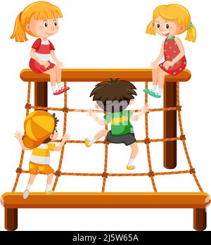 Children climbing on rope wall illustration Stock Vector