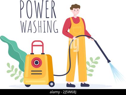 Power Washing Machine Cleaner with Various Cleaning Tools and Outside Cleanup Service in Flat Cartoon Background Illustration Stock Vector