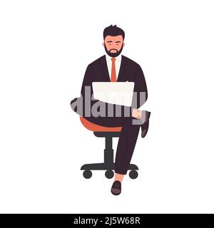 Concentrated businessman in office chair. Manager working on laptop vector illustration Stock Vector