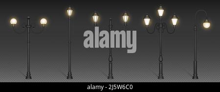 Vintage street lights, retro lampposts for urban lighting. City architecture design objects with luminous glowing lamps on steel poles isolated on transparent background Realistic 3d vector mockup set Stock Vector