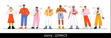 People talk by smartphones, characters communicate and browsing social networks with speech bubbles. Men and women stand in row using gadgets, chat in internet by mobiles, Linear vector illustration Stock Vector