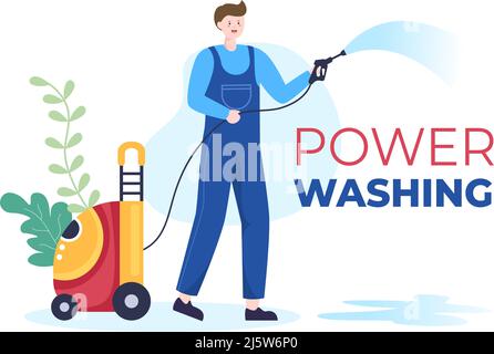 Power Washing Machine Cleaner with Various Cleaning Tools and Outside Cleanup Service in Flat Cartoon Background Illustration Stock Vector
