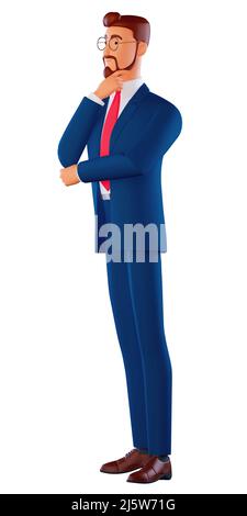 3D illustration of a man wearing glasses, a blue suit, thinking, scratching his chin, trying to find a good idea for business optimization and Stock Photo