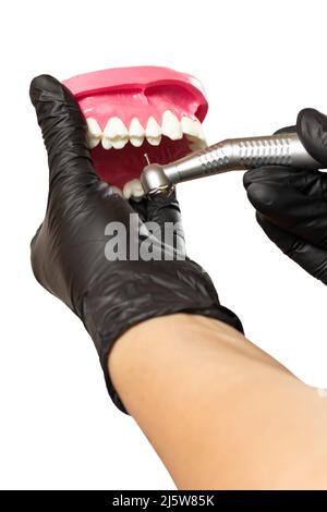 Dental instruments for teeth dental care on blue background Stock Photo