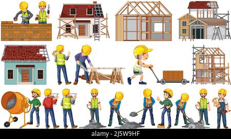 Set of construction site objects and workers illustration Stock Vector