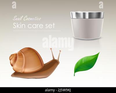 Vector 3d realistic skincare set with snail - moisturizing cream with organic slime. Ad banner, promo poster with white jar of cosmetics, green leaf i Stock Vector