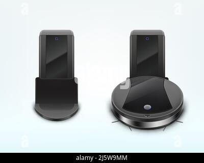 Modern robot vacuum cleaner charging battery, waiting for command on docking station 3d realistic vector. Home smart appliance for automatic vacuuming Stock Vector