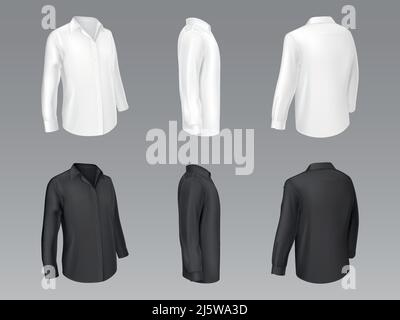 Black and white mens classic shirts, womens blouse with long sleeve half turn front, side and back view realistic vector mockup isolated on grey backg Stock Vector