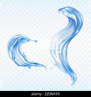 Vector blue water splashes isolated on transparent background. Aqua wave with drops and blobs. Fresh appetizing fluid, liquid for advertising poster, Stock Vector